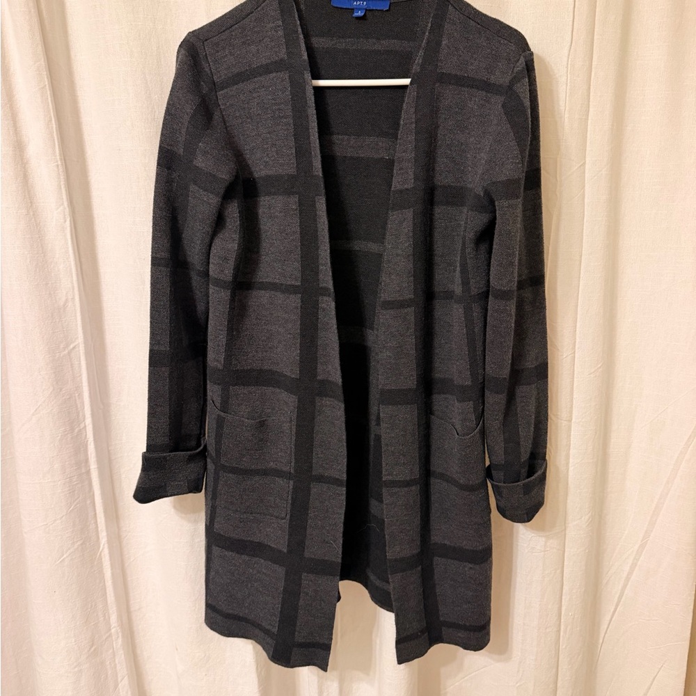 Apt. 9 Dark Gray Windowpane Long Open-Front Cardigan